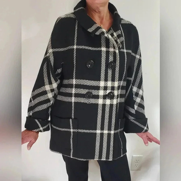 Plaid wool blend swing jacket cuff sleeve  pockets Collar Size 14 - Picture 2 of 6